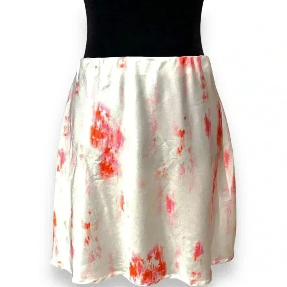 Boohoo NWT Size 10 Satin Tie-dye White and Pink Elastic Waist A-Line Miniskirt